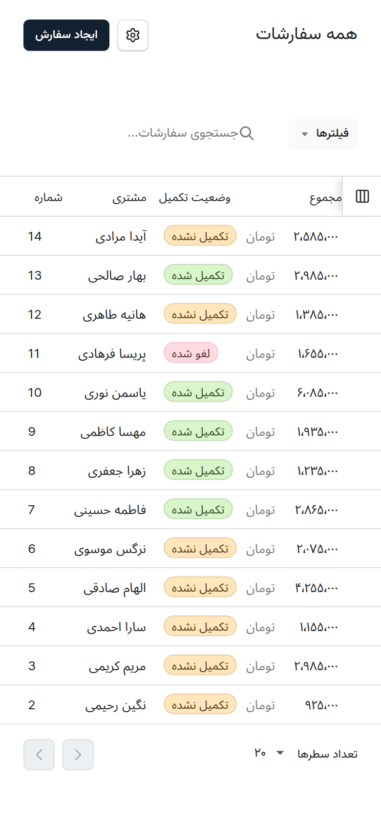 لیست سفارش‌های یک فروشگاه نمونه روی گوشی: شماره، مشتری، وضعیت ارسال و مبلغ به تومان